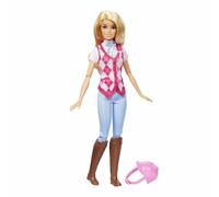 Barbie malibu, bambola bionda con outifit e accessori da equitazione inclusi