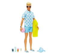 Barbie - Ken biondo con costume da bagno azzurro e camicia blu, bambola con visi