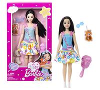 Barbie - La Mia Prima Barbie, giocattolo per bambini 3+ anni, Bambola alta 34 cm con busto morbido e arti snodati, con abito blu e borsetta, accessori e cucciolo di peluche, HLL22