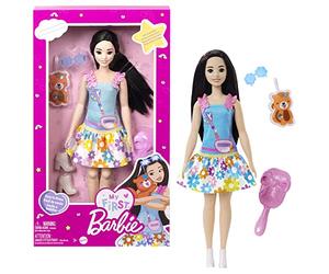 Barbie - La Mia Prima Barbie, giocattolo per bambini 3+ anni, Bambola alta 34 cm con busto morbido e arti snodati, con abito blu e borsetta, accessori e cucciolo di peluche, HLL22