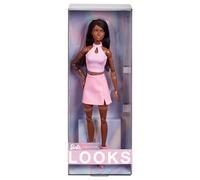 Barbie Looks - Bambola da collezione n. 21, Barbie con trecce nere e look moderno anni 2000, top rosa senza spalline, gonna in finta pelle e stivaletti, giocattolo per bambini, 6+ anni, HRM13