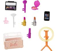 Barbie Makeup Tutorial Accessories Set with 12 Storytelling Toy Pieces Including Mini Case, Lipsticks, Ring Light & More