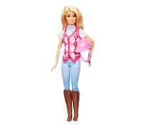 Barbie malibu, bambola bionda con outifit e accessori da equitazione inclusi