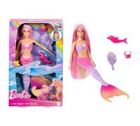 Barbie - Malibu Sirena, bambola con capelli rosa e accesory per lo styiling, funzione cambia colore in acqua, cucciolo di delfino incluso, giocattolo per bambini, 3+ anni, HRP97