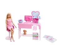 BARBIE - MASCHERE PER IL VISO, SET CON BAMBOLA E 10 ACCESSORI INCLUSI, MOBILE CENTRO BENESSERE, CUCCIOLO, ADESIVI