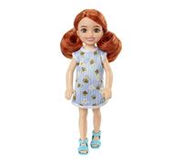 Barbie Mattel Club Chelsea Mini Girl Doll - Red Hair Wearing Bumblebee and Flower-print Dress and Blue Sandals (HGT04)
