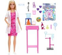 Barbie Carriere - Scienziata, set bambola bionda con camice bianco da laboratorio e accessori inclusi, tavolo, microscopio e becher cambia colore, giocattolo per bambini, 3+ anni, JCR70