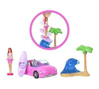 Barbie Mini BarbieLand - Veicolo per la Spiaggia, set con veicolo decappottabile, mini bambola Barbie e accessorio, effetto cambia colore, giocattolo per bambini, 4+ anni, JCR35