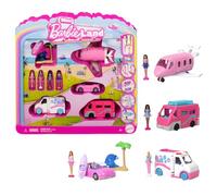 Barbie Mini BarbieLand Reveal, set con 4 mini veicoli iconici e 4 mini bambole abbinate, effetto a sorpresa cambia colore, giocattolo per bambini, 4+ anni, JGL30