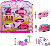 Barbie Mini BarbieLand Reveal, set con 4 mini veicoli iconici e 4 mini bambole abbinate, effetto a sorpresa cambia colore, giocattolo per bambini, 4+ anni, JGL30