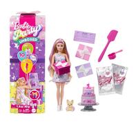 Barbie Party Surprise - Birthday Bows, bambola con 10 accessori a sopresa, effetto cambia colore e decorazioni per la torta, giocattolo per bambini, 3+ anni, JFG70