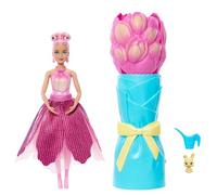 Barbie Petal Pop, bambola profumata con abito tulipano rosa e accessori, sorpresa bouquet con coniglietto e accessori come annaffiatoio, collana e orecchini, JMF57