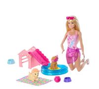 Barbie Piscina dei Cuccioli Playset bambola con cagnolini | Bambola alla moda, cuccia con piscina a cuore e scivolo, 2 cuccioli, 6 accessori, funzione cambia colore, JBF35