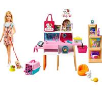 Barbie Pop (blond, 30 cm) en Dierenboetiek, Speelset met 4 huisdieren, kleurvera