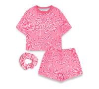 Barbie Bambina Pigiama Set | Bambini Ondulati all Over Stampa Rosa Manica Corta Top & Shorts Graphic Pjs Bundle con Scrunchie | Set Completo di Indumenti da Notte Coordinati Abbigliamento per Bambole