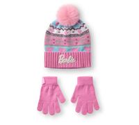 Barbie Set berretto e guanti rosa Fair Isle per ragazze - Taglia unica | Accessori in maglia invernale per bambini Fair Isle Design | Abbigliamento accogliente per la stagione fredda