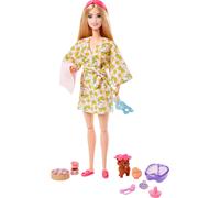 Barbie Self-Care Doll, Blonde Posable Spa Day Doll in Lemon Bathrobe with Puppy