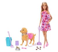 Barbie - Set Cagnolina Cammina e fa i bisogni, con bambola bionda Malibu, cucciolo e accessori per la passeggiata inclusi, giocattolo per bambini, 3+ anni, JJB46