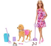 Barbie - Set Cagnolina Cammina e fa i bisogni, con bambola bionda Malibu, cucciolo e accessori per la passeggiata inclusi, giocattolo per bambini, 3+ anni, JJB46
