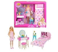 Barbie - Set Camera da letto di Barbie, include una bambola in pigiama rosa e pantofole, un gattino, letto, specchiera e comodino, 20+ accessori a tema, giocattolo per bambini, 3+ anni, HPT55
