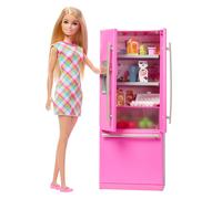 Barbie - Set Cucina con Frigorifero, bambola bionda con 10 accessori a tema cibo