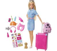 Barbie Set da Viaggio - Bambola con Valigia Apribile e Cucciolo - Abito di Jeans - Adesivi - 10+ Accessori - Regalo per Bambini 3+ Anni, FWV25