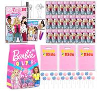 Barbie Set di 24 bomboniere con mini libro di attività da colorare e 50 lecca-lecca confezionati singolarmente, articoli per feste di compleanno Barbie per bambini e ragazze