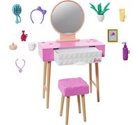 Barbie Mobilier HJV35 - Set di mobili per la casa delle bambole Barbie a tema vanità, specchio, sgabello e prodotti di bellezza