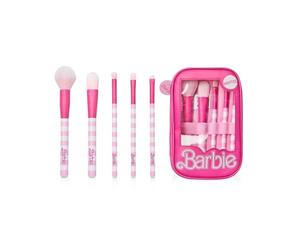 Barbie Set di pennelli per trucco da donna | Frullatori di bellezza con custodia con cerniera in rosa | Pennelli per il viso di bellezza morbida a righe e borsa per il trucco con finestra trasparente