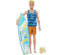 Barbie - Set Ken biondo con tavola da surf e cagnolino, include una bambola con costume sportivo, infradito a tema e tanti accessori da spiaggia, giocattolo per bambini, 3+ anni, HPT50