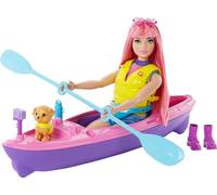 Barbie - Siamo in Due Playset Campeggio con Bambola Daisy Curvy con Capelli Rosa da 29,2 cm, Cagnolino, Kayak e Accessori da Campeggio, Giocattolo per Bambini 3+ Anni, HDF75