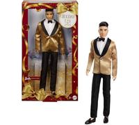 Barbie Signature 2025 Holiday Black Hair Ken Bambola da collezione alla moda che indossa abito completo con giacca dorata in confezione visualizzabile e supporto per bambole