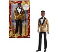 Barbie Signature 2025 Holiday Dark Brown Hair Ken Bambola da collezione alla moda indossa abito completo con giacca dorata in confezione visualizzabile e supporto per bambole