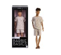 Barbie Signature - Barbie Basics Modello Ken 10, bambola da collezione con capelli castani, maglietta e shorts con stampa coordinata, vestibilità universale e corpo snodato, 6+ anni, JJX29
