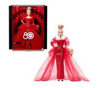 Barbie Signature 80° Anniversario Mattel, bambola bionda da collezione in abito in tulle rosso scintillante con orecchini a goccia e guanti velati, giocattolo per bambini, 6+ anni, JBJ17