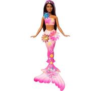 Barbie - Sirena Magia Floreale, bambola dai capelli castani con ciocche viola, coda sfumata e fascia con perle, magica sorpresa e fiori che sbocciano inclusi, giocattolo per bambini, 3+ anni, JDM73