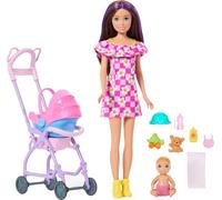Barbie - Skipper Babysitter, set con bambola bruna, bebè dai capelli biondi e passeggino con seggiolino per auto rimovibile, 7 accessori inclusi, 3+ anni, JJB42