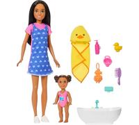Barbie - Skipper Babysitter, set con bambola castana,mini bambolotto dai capelli bruni, vasca da bagno e 6 accesori a tema inclusi tra cui una paperella di gomma, 3+ anni, JJB43