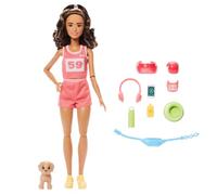 Barbie Bambola Style Wellness Runner snodata in canotta e shorts rosa Barbiecore con cucciolo e 9 accessori, inclusi marsupio, visiera e occhiali da sole , JNM28