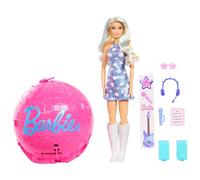 Barbie Team Rotola e Scopri, bambola Pop Star dai capelli biondi con accessori, 8 sorprese e confezione a forma di palla da discoteca, JMK19