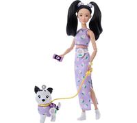 Barbie Twinning Looks Bambola con Cane Animale Domestico con Vestiti Viola di Margherite e Accessori come Fiori e Marsupio, Capelli Nero, JFP39