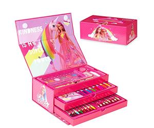 Barbie Valigetta Colori per Bambini Kit Disegno e Pittura da 44 pezzi con Pennarelli Acquerelli Colori a Cera e Matite Colorate