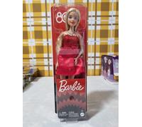 Barbie - Anniversario Mattel 80°, bambola bionda celebrativa in abito rosso rubino con scarpe e collana color argento, giocattolo per bambini e da collezione, 3+ anni, JGD25