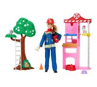 Barbie carriere - vigilessa del fuoco, playset con bambola e caserma dei pompieri, include 2 cuccioli con effetto cambia colore