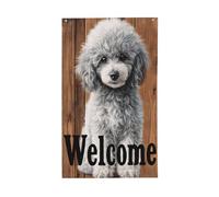 Barboncino su tavola di legno marrone, bandiere per casa da cortile, 0,9 x 1,5 m, striscione di auguri con occhielli per interni ed esterni, decorazioni per la casa