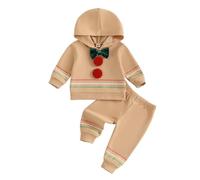 Barbotimer 2 Pezzi Completo Top a Manica Lunga Bambino Natalizia Elegante Set Body a Righe con Cappuccio + Pantaloni Ragazzo per Natale (Khaki, 18-24 Months)
