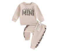 Barbotimer 2 Pezzi Top Ragazza Stampa Leopardo con Lettere + Pantaloni Lunghi Completo Bambina Neonato Felpa Manica Lunga e Pantaloni Bambina Elegante (Cachi, 6-12 Months)