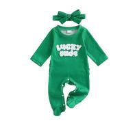 Barbotimer Girls Printed Stripes Long Sleeves and Elegant Bow for Christmas 2 Pieces Baby Girl Christmas Romper Bodysuit Long Sleeve with Headpiece (Green, Newborn)