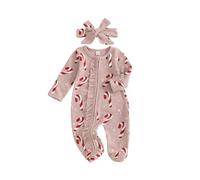 Barbotimer Tuta Natalizio Bambina a Maniche Lunghe Tutine a Piedino e Fiocco Elegante 2 Pezzi Unisex Tutina Intero Body a Manica Lunga con Copricapo per Natale (Rosa, 12-18 Months)