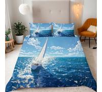 Barca A Vela Che Naviga Nel Mare BluNel Cielo Blu Copripiumino Una PiazzaMezza 200x200 (2 Federa 50x80) Stile Oceano Set Copripiumino 3D Microfibra Ultra Angoli FissiCerniera Morbido LeggeroFacile
